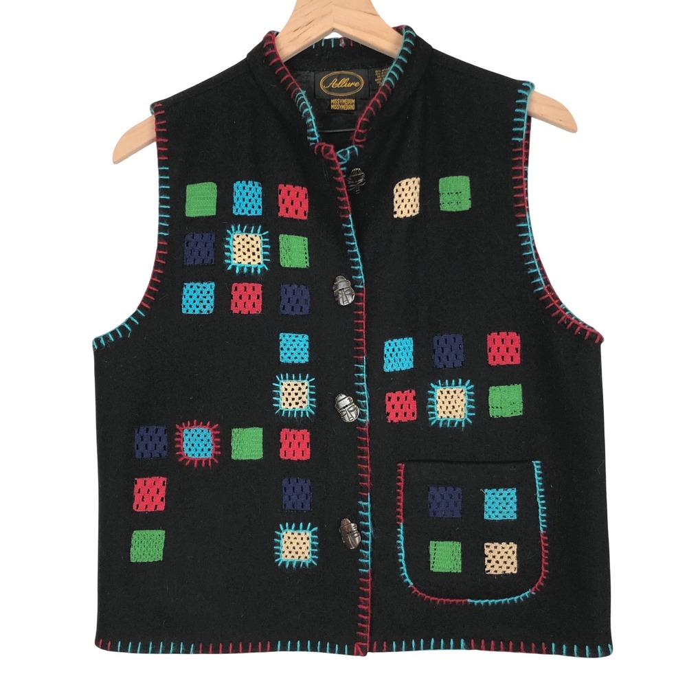 VTG ALLURE Wool Blend Embroidered‎ Crochet Inset Vest Sz M Black Boho Colorful